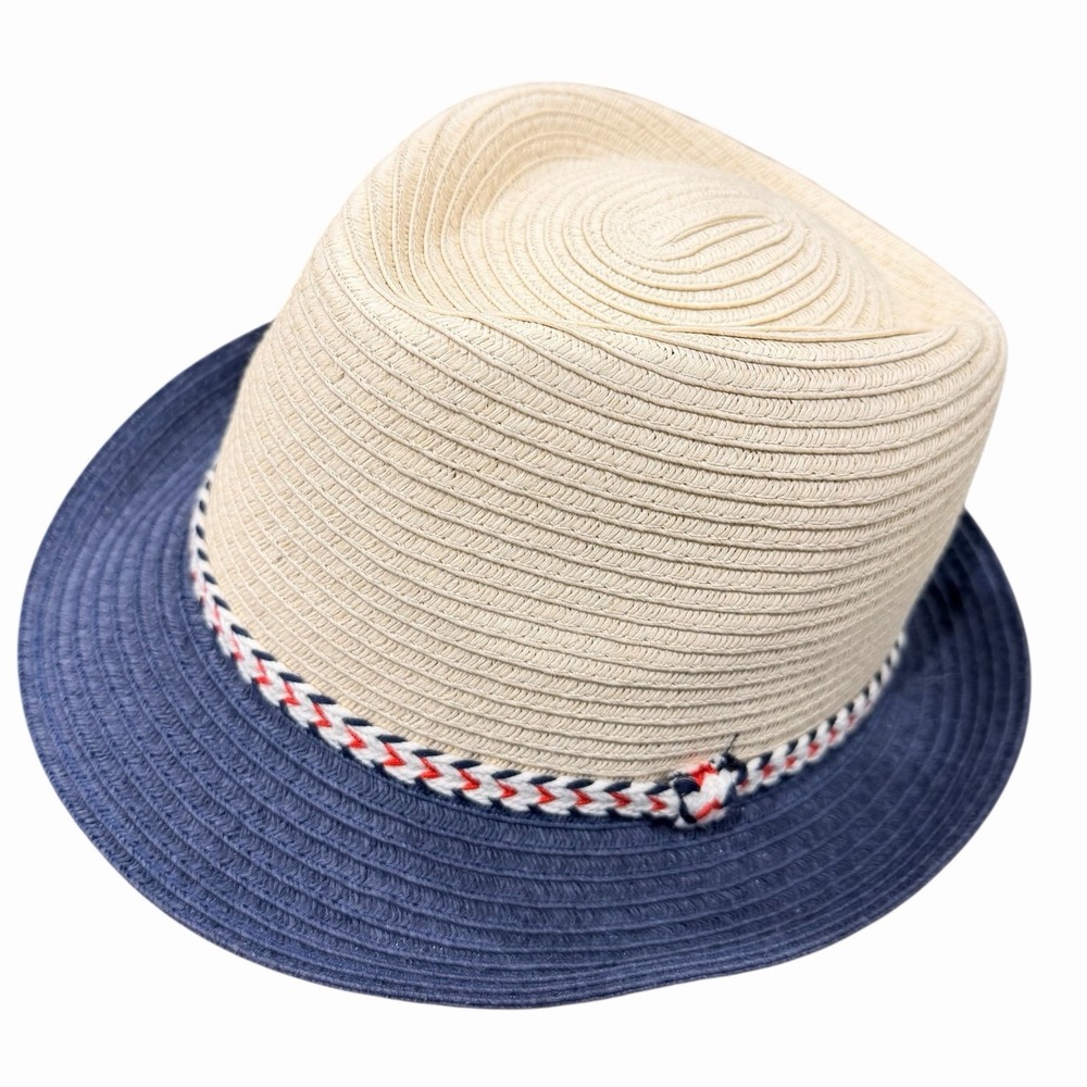 D&Y Straw Fedora Hat Navy Blue Brim‎ Beige Crown One Size